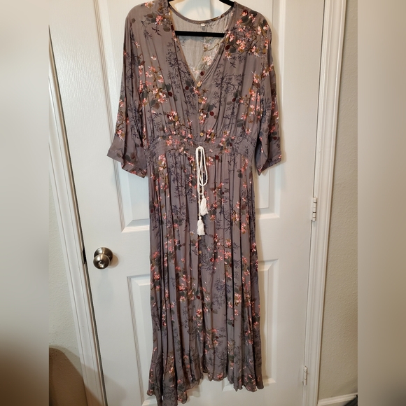 Pink and Gray Smocked Maxi Sundress with Bell Sleeves - Picture 1 of 4